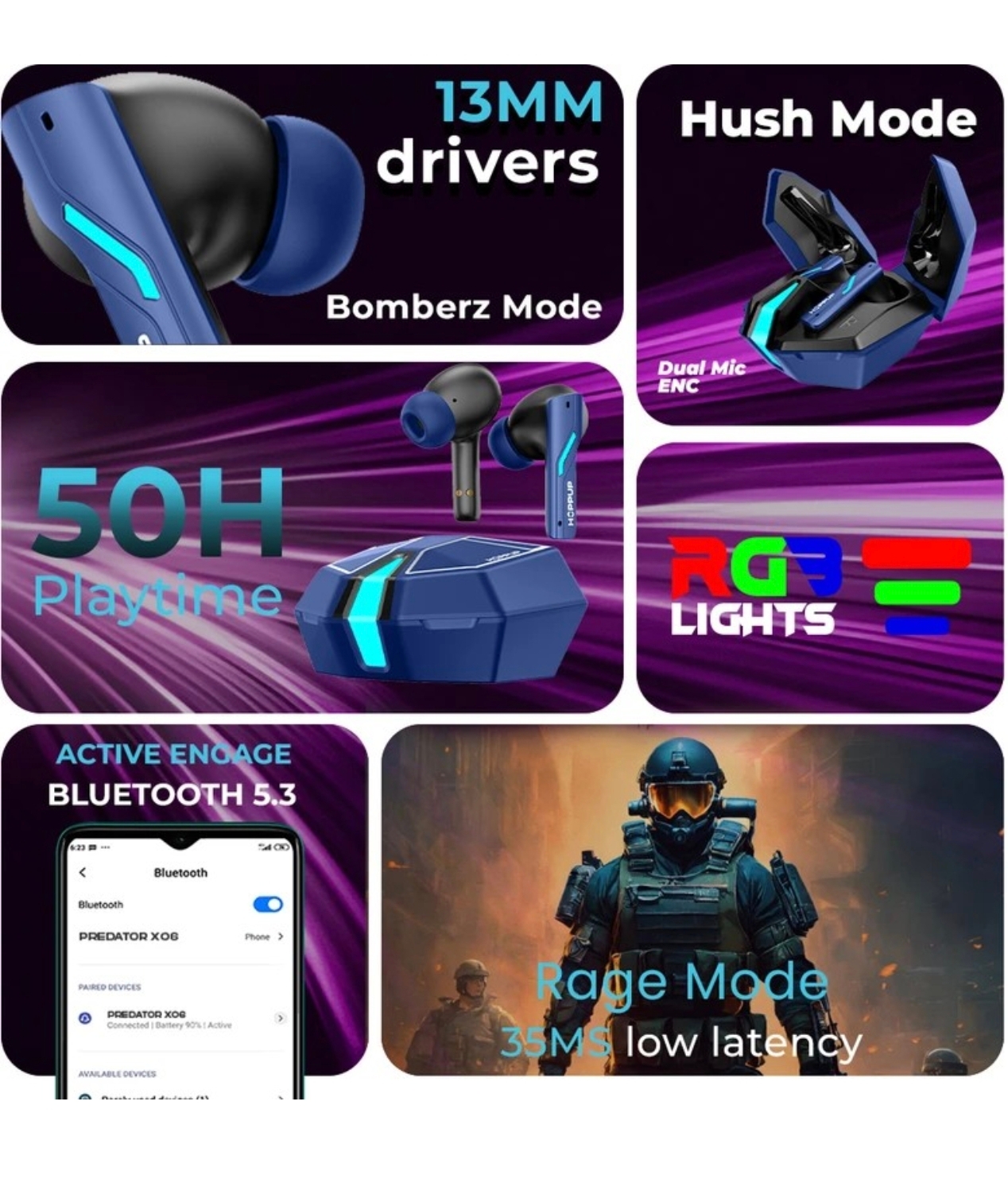 Xo6 Gaming Earbuds with 35MS Low Latency, RGB LED, thumbnail 2